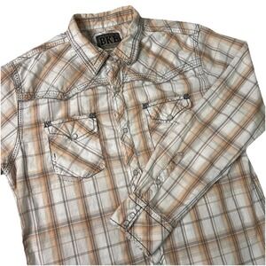BKE‎ Men's Shirt LARGE Slim Fit Beige/cream/peach Plaid Pearl Snaps Western EUC